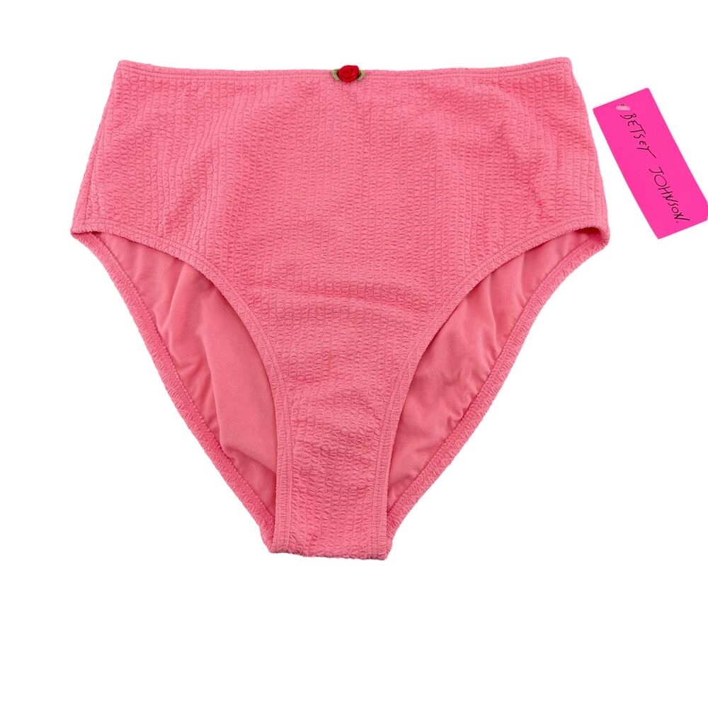 Betsey Johnson Bikini Bottom M Pink Ribbed Rosette High Waist Scrunch Resort NWT - Picture 3 of 11